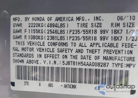 2010 Acura Rdx из США, поврежденный, VIN 5J8TB1H54AA008287